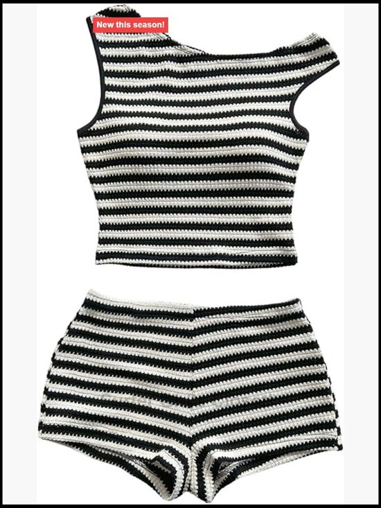 Tops - Women's 2 Piece Striped Off Shoulder Top and Shorts Set Summer Outfit